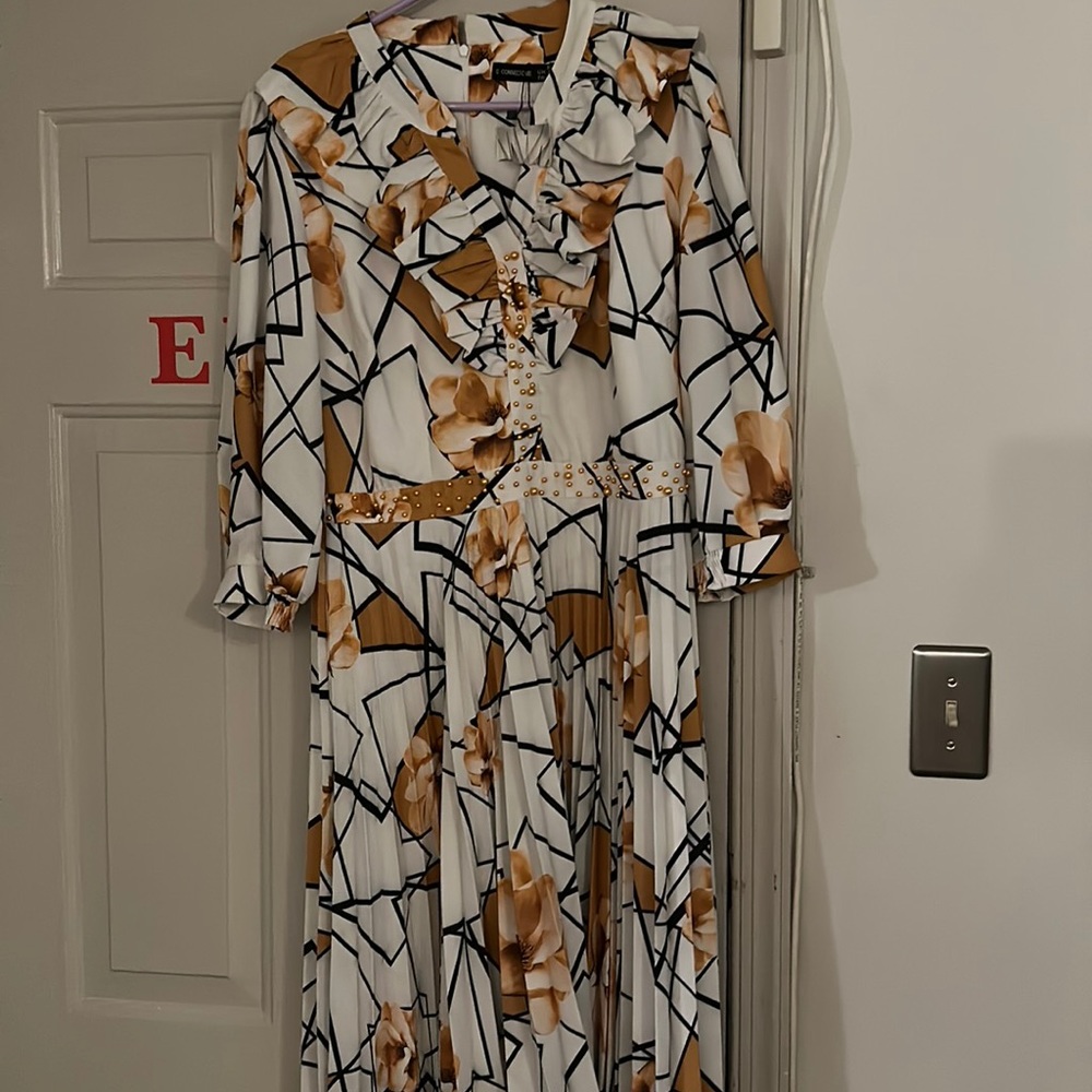 NWT Brown/Creme/Black Pleated Dress